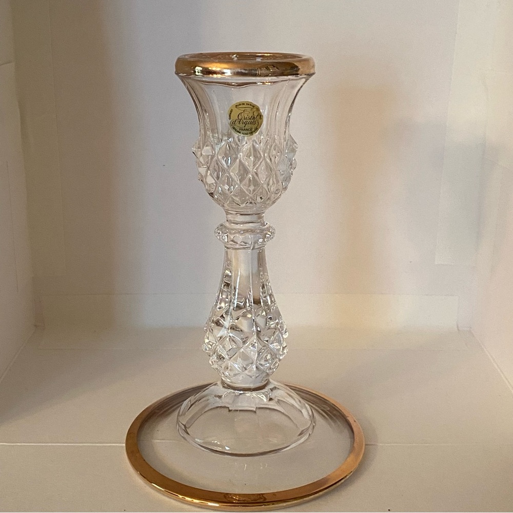 Cristal D’Arque France Cut Crystal Candle Holder W/ Gold Trim 6.5” Elegant EUC